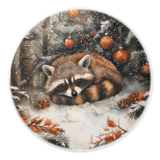 Schlafen Raccoon Whimsitic Rustikale Weihnachten Keramikknauf (Vorderseite)