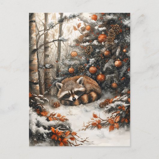 Schlafen Raccoon Whimsitic Rustikale Weihnachten Postkarte (Vorderseite)