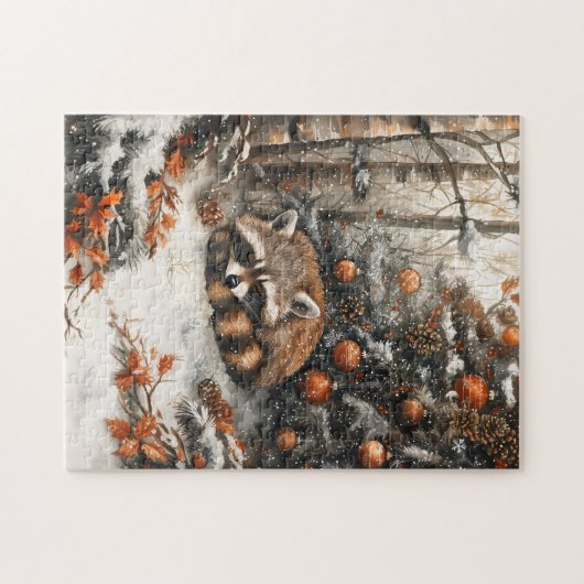 Schlafen Raccoon Whimsitic Rustikale Weihnachten Puzzle (Horizontal)