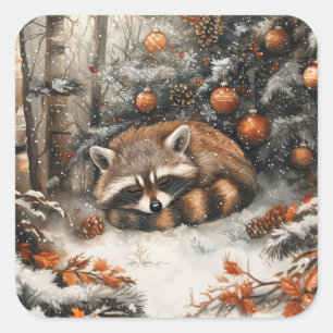 Schlafen Raccoon Whimsitic Rustikale Weihnachten Quadratischer Aufkleber