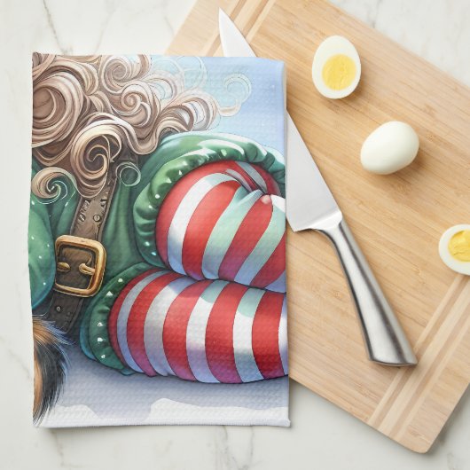 Schlafen Weihnachten Elf mit Calico Kitten Geschirrtuch (Viertel Falte)