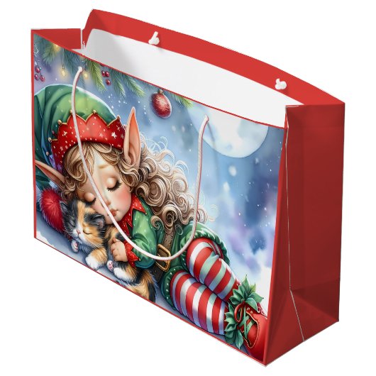 Schlafen Weihnachten Elf mit Calico Kitten Große Geschenktüte (Rückseite Schrägansicht)
