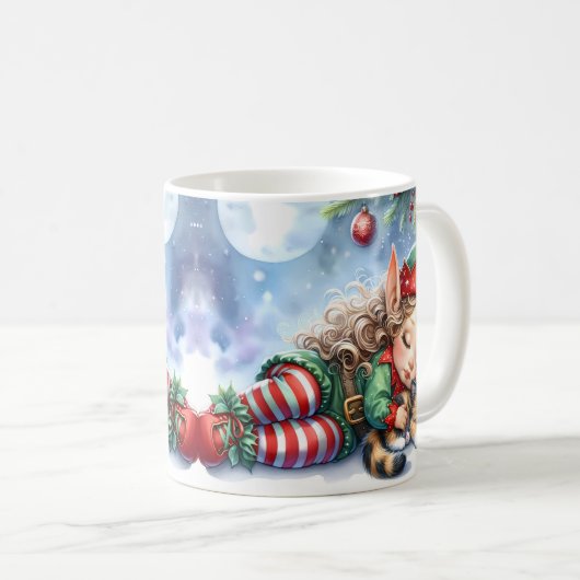 Schlafen Weihnachten Elf mit Calico Kitten Kaffeetasse (VorderseiteRechts)