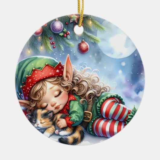 Schlafen Weihnachten Elf mit Calico Kitten Keramik Ornament (Vorne)
