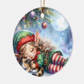 Schlafen Weihnachten Elf mit Calico Kitten Keramik Ornament (Links)