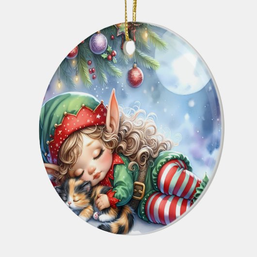 Schlafen Weihnachten Elf mit Calico Kitten Keramik Ornament (Links)