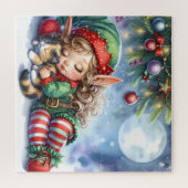 Schlafen Weihnachten Elf mit Calico Kitten Puzzle (Horizontal)
