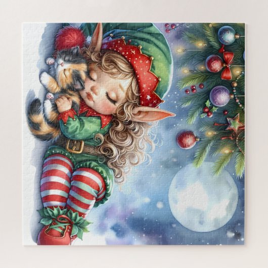 Schlafen Weihnachten Elf mit Calico Kitten Puzzle (Horizontal)