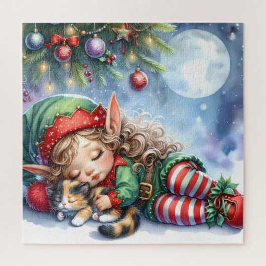 Schlafen Weihnachten Elf mit Calico Kitten Puzzle (Vertikal)