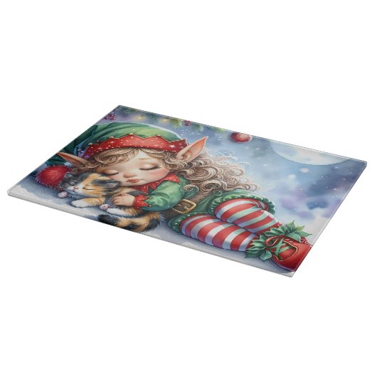 Schlafen Weihnachten Elf mit Calico Kitten Schneidebrett (Ecke)