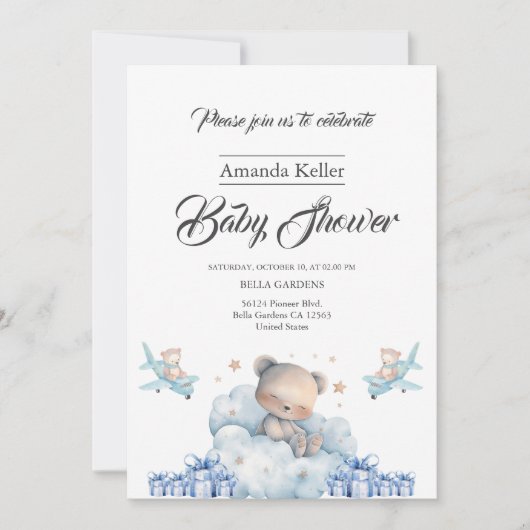 Schläfenbär & Cloud Blue Baby Dusche Einladung (Vorderseite)