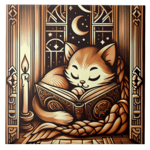 Schlafende Art Deco Stil Katze mit einem Buch Fliese