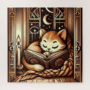 Schlafende Art Deco Stil Katze mit einem Buch Puzzle