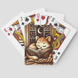 Schlafende Art Deco Stil Katze mit einem Buch Spielkarten