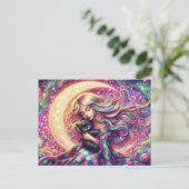 Schlafende Crescent Mond Girl mit schwarzer Katze Postkarte (Stehend Vorderseite)