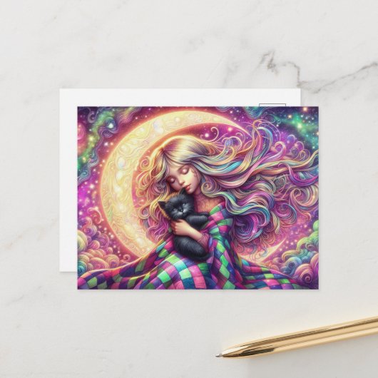 Schlafende Crescent Mond Girl mit schwarzer Katze Postkarte (Vorderseite/Rückseite Beispiel)
