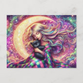 Schlafende Crescent Mond Girl mit schwarzer Katze Postkarte (Vorderseite)