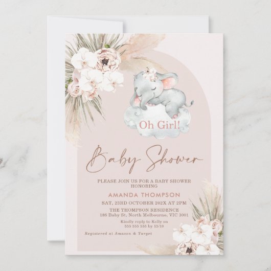 Schlafende Elephant Floral Boho Arch Baby Dusche Einladung (Vorderseite)