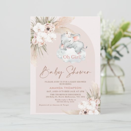 Schlafende Elephant Floral Boho Arch Baby Dusche Einladung (Stehend Vorderseite)