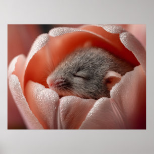 Schlafende Erntemaus in einer taufeuchten Tulpe Poster