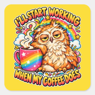 Schlafende Eule Kaffee Humor Lustiger Kaffeelieb Quadratischer Aufkleber