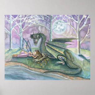 Schlafende Fee und Drache Poster Druck