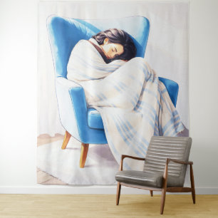 Schlafende Frau in blauem Sessel Kuscheldecke Wandteppich