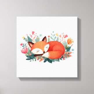 Schlafende Fuchs-Blumen-Süße-Illustration Leinwanddruck