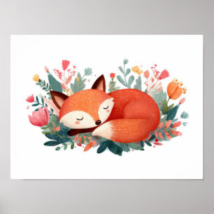 Schlafende Fuchs-Blumen-Süße-Illustration Poster