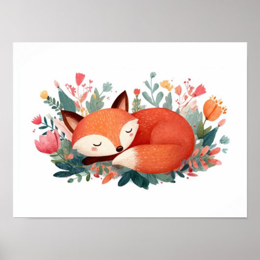 Schlafende Fuchs-Blumen-Süße-Illustration Poster (Vorne)