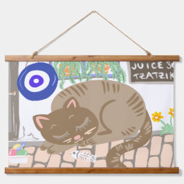 Schlafende griechische Taverne Katze mediterrane S Wandteppich Mit Holzrahmen