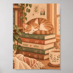 Schlafende Katze auf Büchern Gemütliche Leseecke I Poster