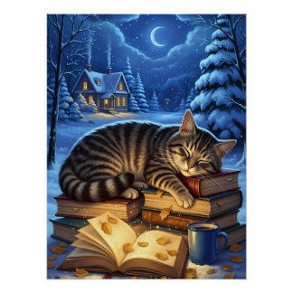 Schlafende Katze auf Büchern Winter Nacht Poster