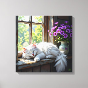 Schlafende Katze auf der Fensterbank Lila Blumen Leinwanddruck