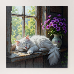 Schlafende Katze auf der Fensterbank Lila Blumen Puzzle