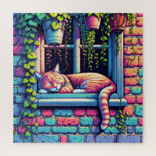 Schlafende Katze auf Fenstersims Ai-Kunst Puzzle