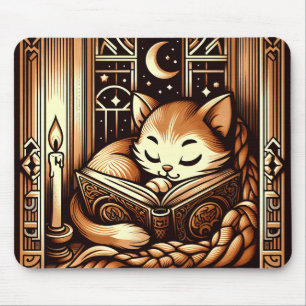 Schlafende Katze im Art Deco-Stil mit einem Buch Mousepad