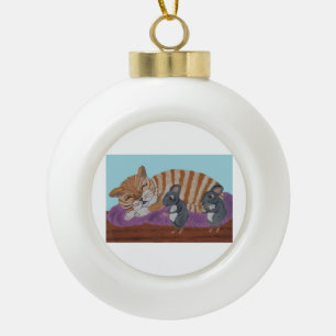 Schlafende Katze & Mäuse-Schneeflocken-Ornament mi Keramik Kugel-Ornament