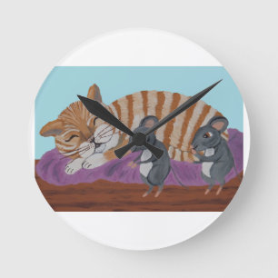 Schlafende Katze mit hinterlistigen Mäusen Wurfkis Runde Wanduhr