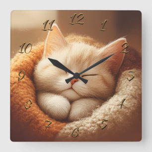 Schlafende Katze Quadratische Wanduhr