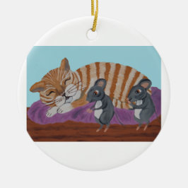 Schlafende Katze und hinterlistige Mäuse Keramik Ornament