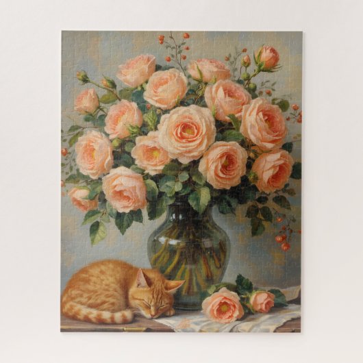 Schlafende Katze und Rosen Puzzle (Vertikal)