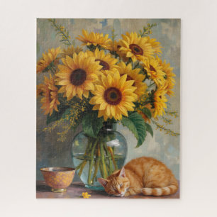 Schlafende Katze und Sonnenblumen Puzzle