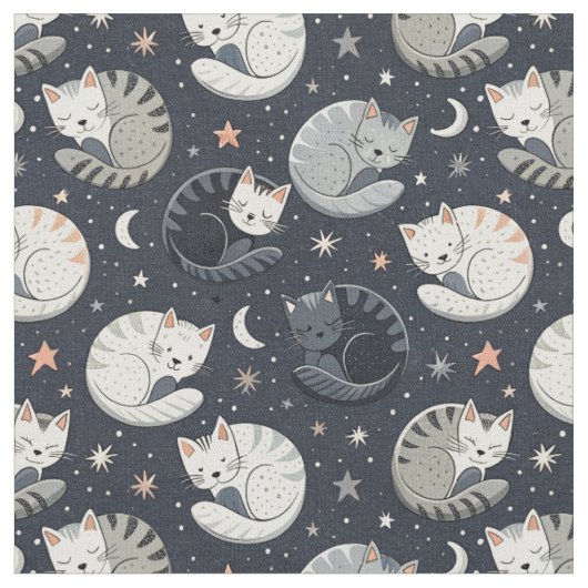 Schlafende Katzen Sternhimmel-Muster - Kinderdesig Stoff (Nahaufnahme)