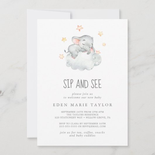 Schlafende kleine Elefantenbaby Girl Sip und sehen Einladung (Vorderseite)