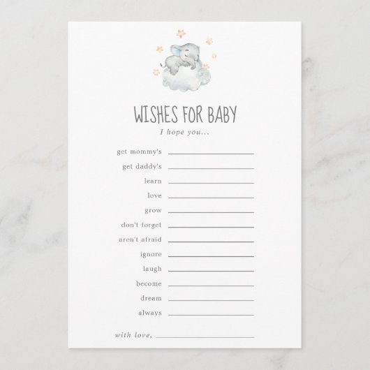 Schlafende kleine Elefantenjunge wünscht sich ein Hinweiskarte (Vorderseite)