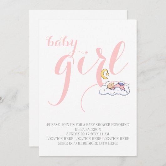 Schlafende kleine Mädchen Dusche elegant Text pink Einladung (Vorne/Hinten)