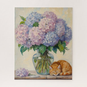Schlafende rote Katze und Hortensien Puzzle