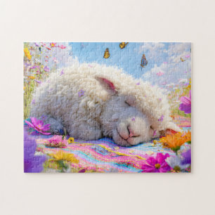 Schlafende Schafe auf einer Picknickdecke auf der Puzzle
