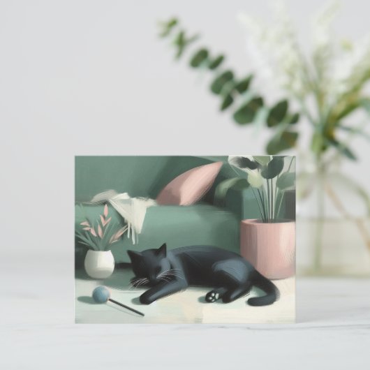 Schlafende schwarze Katze / Catnip Träume Postkarte (Stehend Vorderseite)